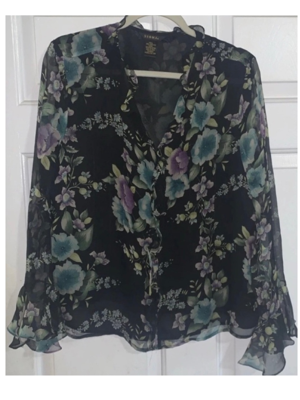 🦋🎯 Black Floral 100% Silk Blouse SIONI Cottagecore Romantic Ruffles Feminine L